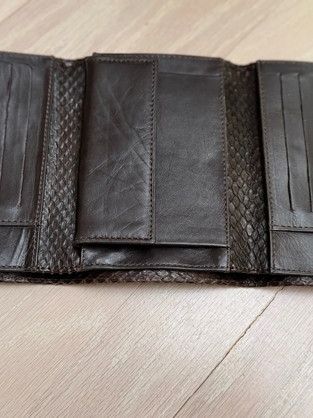 Dark Brown Python  Trifold Wallet with Textured Panels, handmade in Italy, new